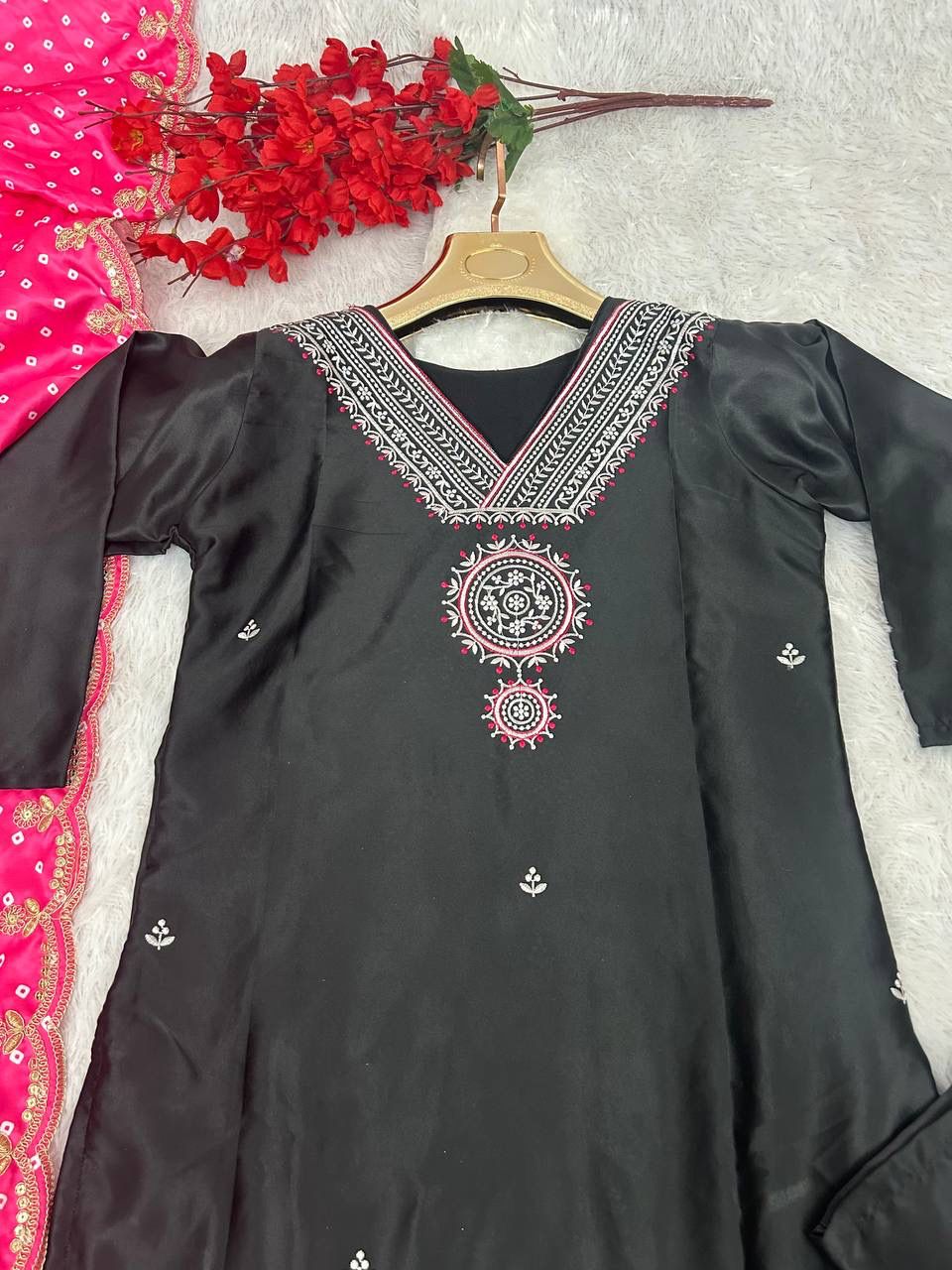 DC G66 Satin Silk Embroidery Kurti With Bottom Dupatta Wholesalers In Surat
